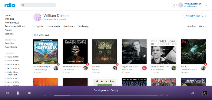 My Rdio profile just before it all went under.  I really was listening to Air Supply---the track was on a group Rdio-is-dying playlist.