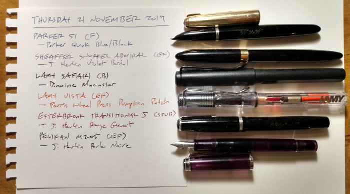 Six pens, with list of inks